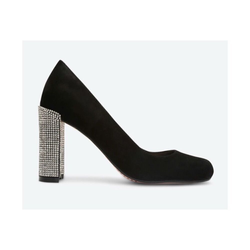 Dune London Women's Black Suede‎ Rhinestone Bling Block Heel Pumps Size 8.5